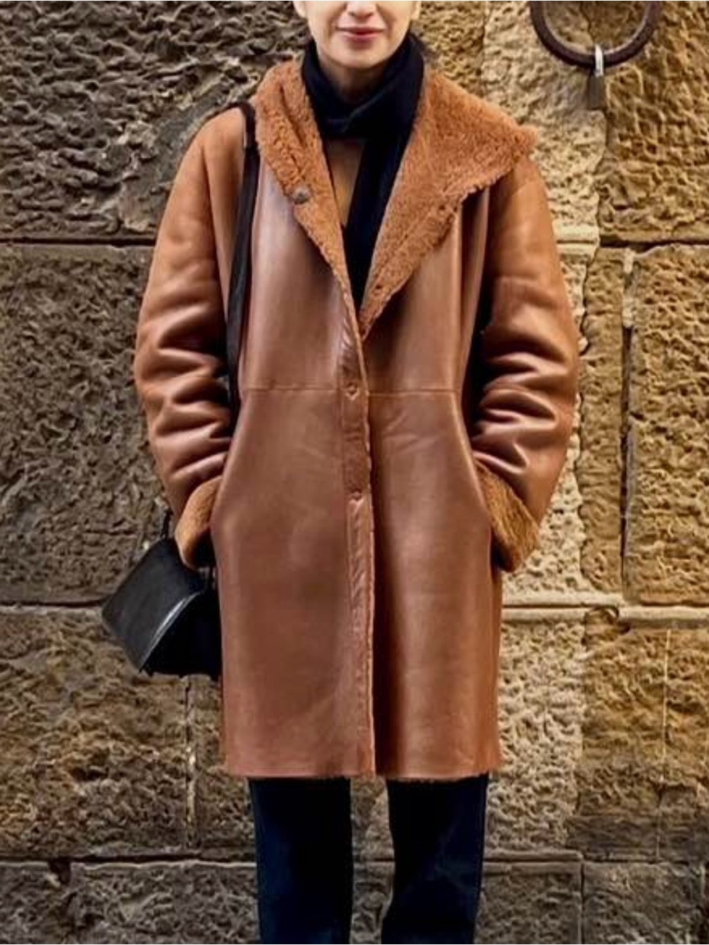 Reversible 100% shearling and genuine leather coat with hood